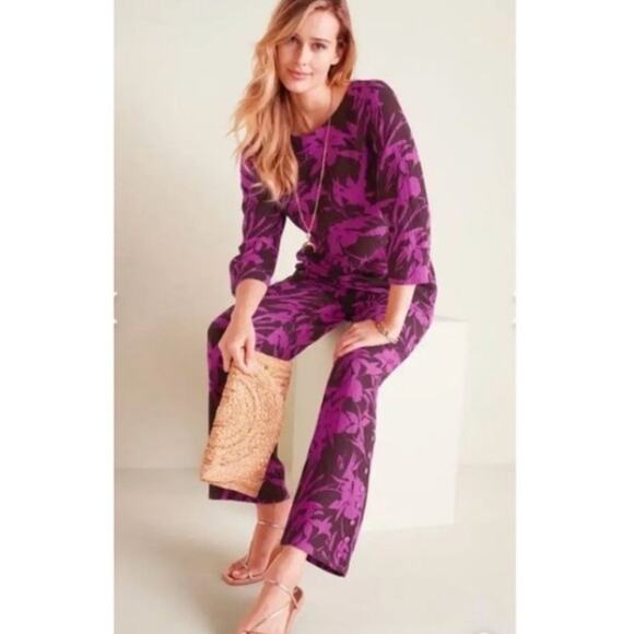 Soft Surroundings Purple Tropical Oceo Gauze Tunic & Wide Leg Pants Size Medium - Picture 1 of 16